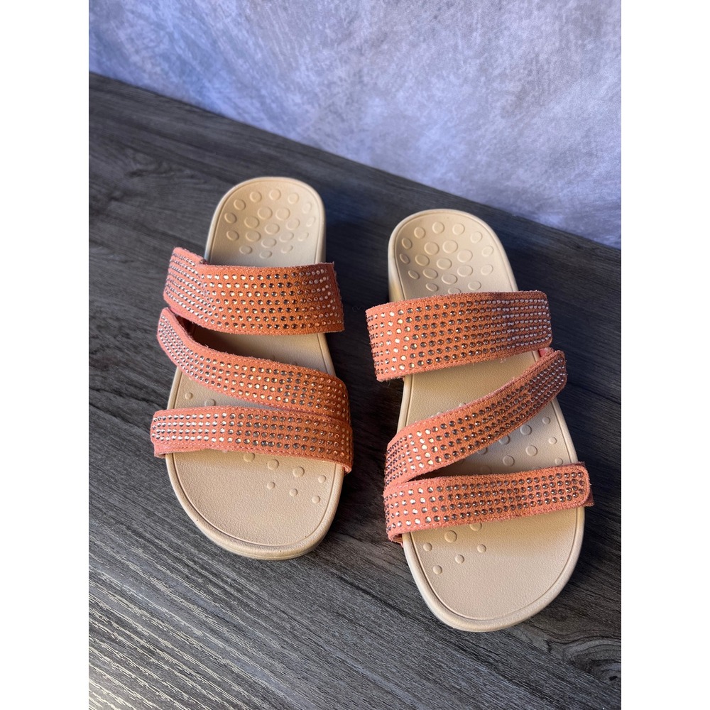 Vionic Peach Rhinestone 3-strap Adjustable Slide Orthotic Sandals Women's Size
